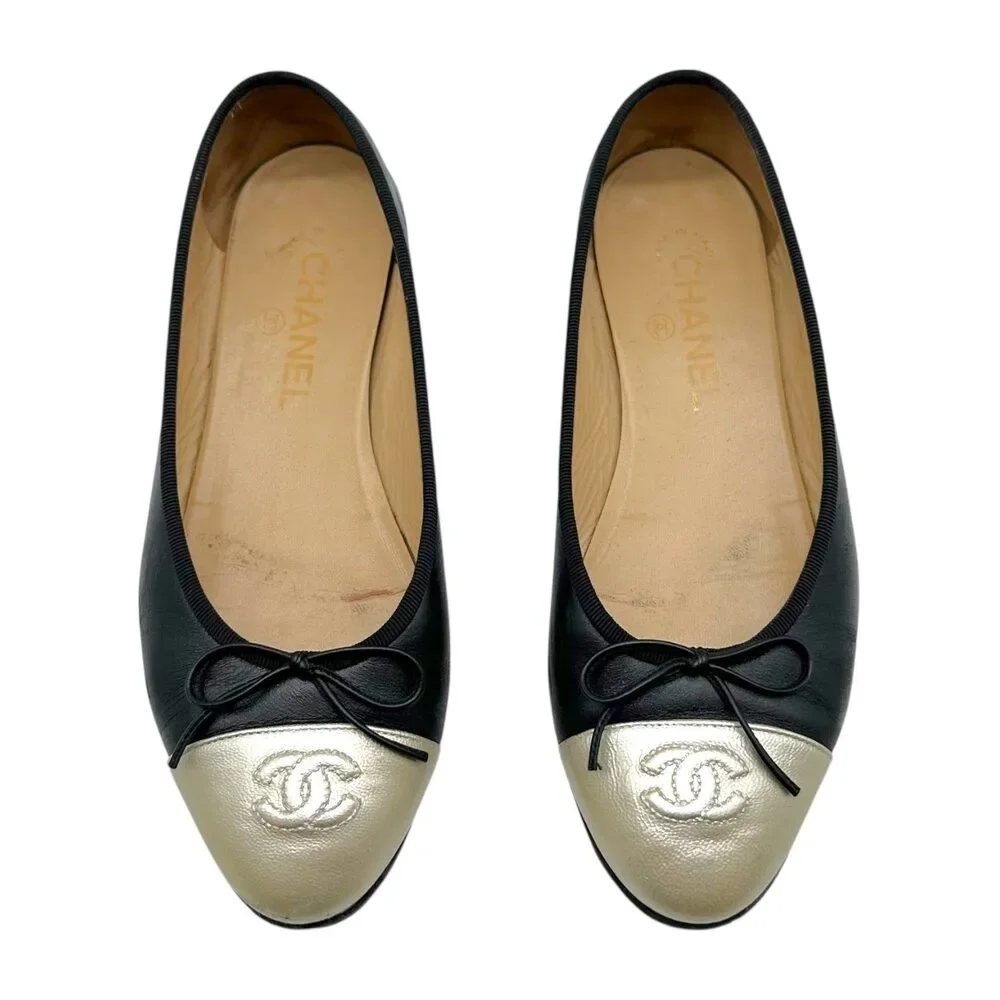 Chanel Metallic Gold & Black Canvas Logo Ballet Flats - Picture 4 of 10